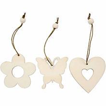 Set de 3 ornamente din lemn (floare, fluture, inima)