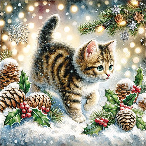 Servetel decorativ 'Cat in snow', 33cm