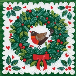 Servetel decorativ 'Robin on a wreath', 33cm